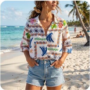 Anthropology Label of Love Printed Button-Up Vacation Shirt - White Multi size M